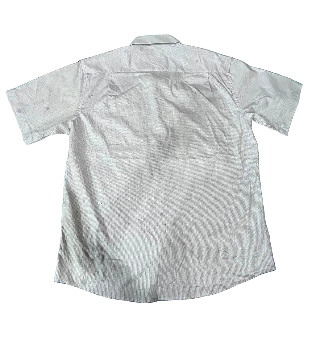 A white short-sleeve button-up shirt ON WHITE BACKGROUND