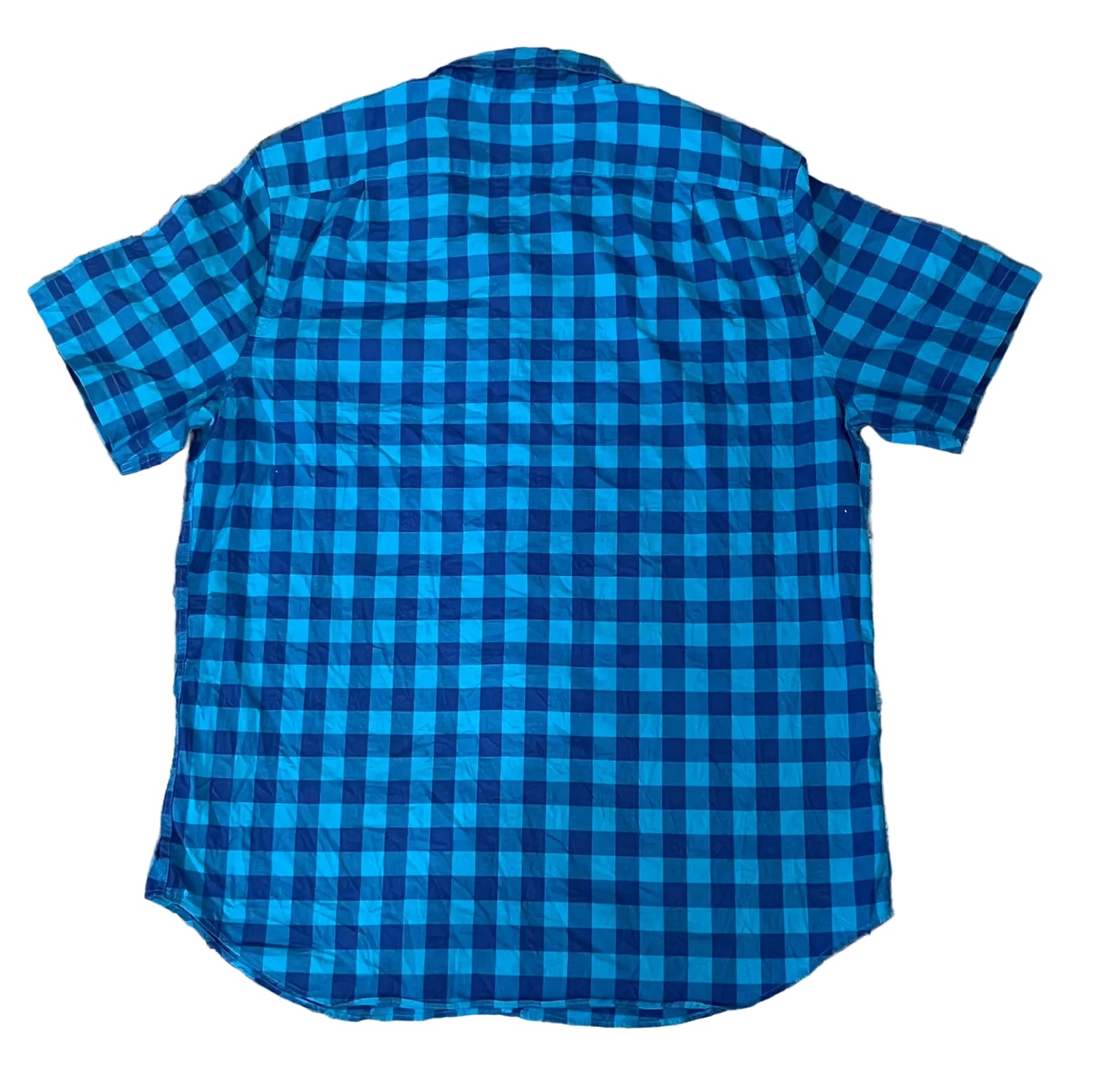 A blue and black checkered short-sleeve button-up shirt