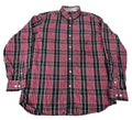 A long-sleeve button-down plaid shirt in red, black, and white