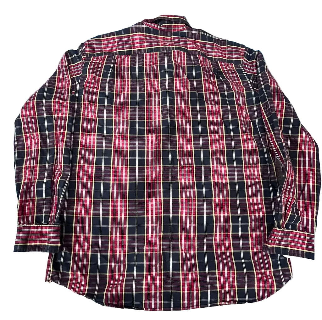 A long-sleeve plaid button-up shirt  The shirt features vertical plaid stripes in red, black, and thin white lines.
