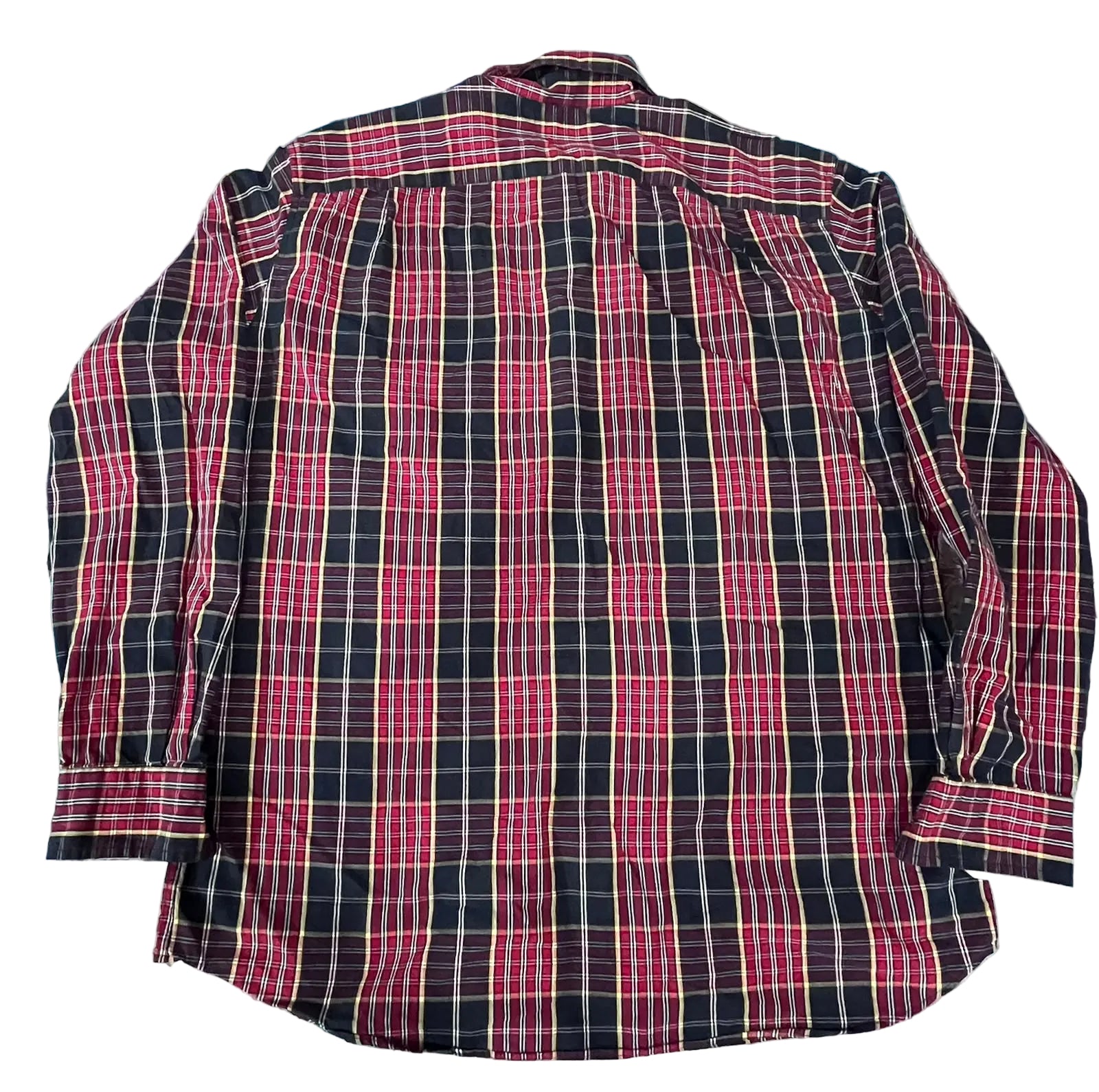 A long-sleeve plaid button-up shirt  The shirt features vertical plaid stripes in red, black, and thin white lines.