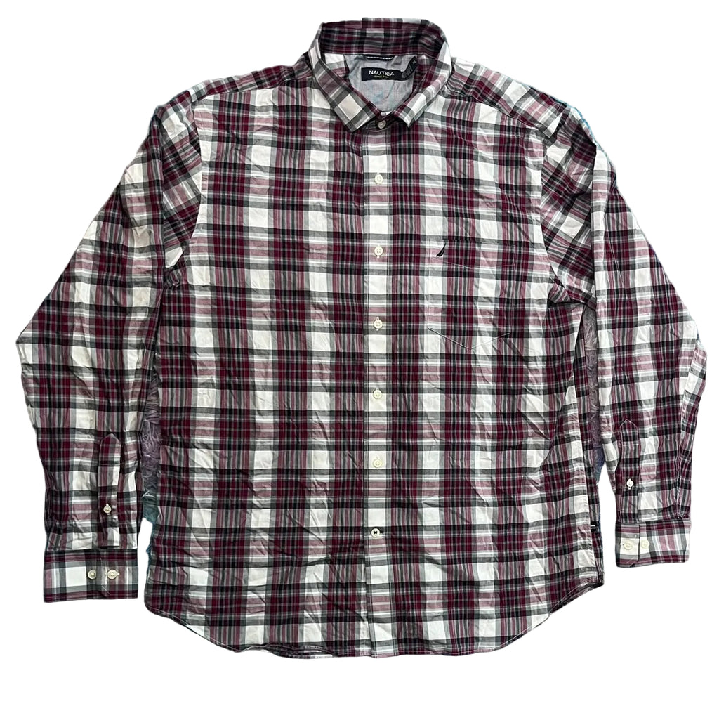 A long-sleeve button-up plaid shirt . The shirt features a white base with a dark red and black plaid pattern.
