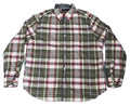 A long-sleeve button-down plaid shirt . The shirt features a green, white, and red plaid pattern with a classic collar and button front.