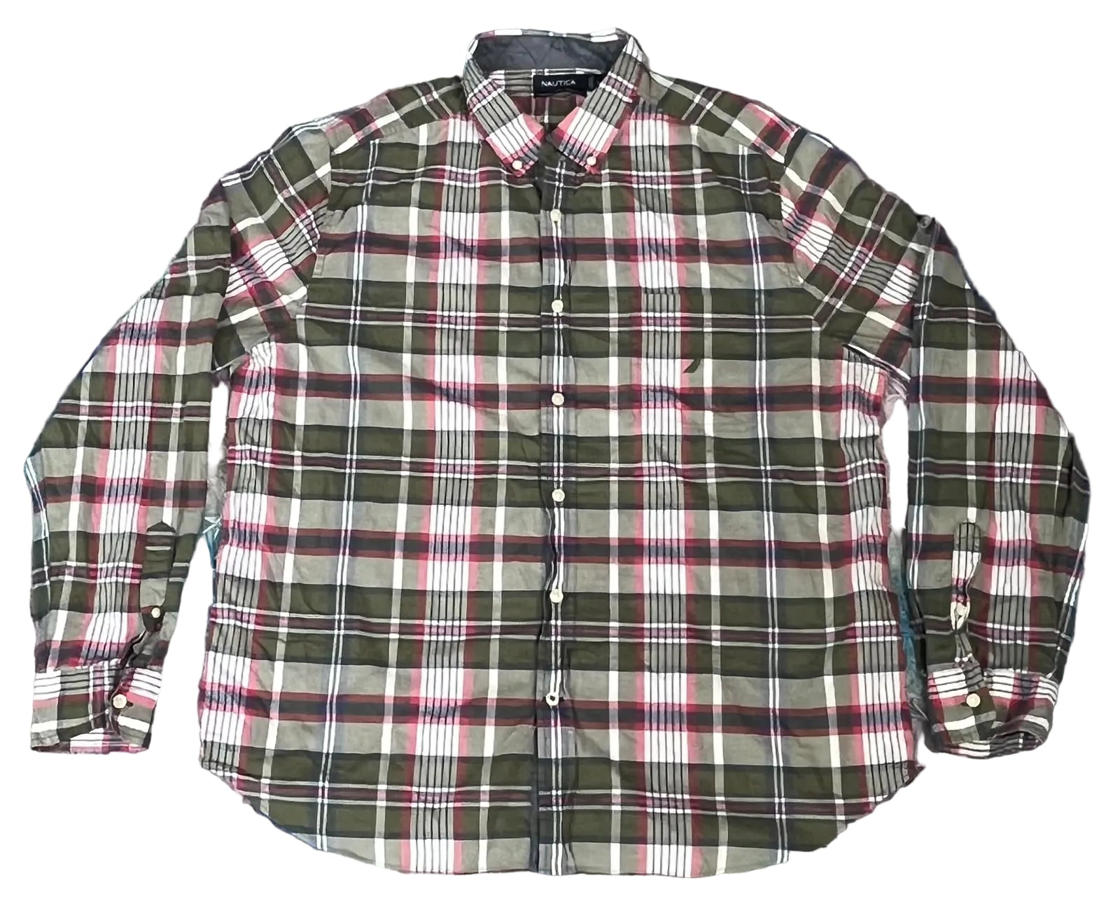 A long-sleeve button-down plaid shirt . The shirt features a green, white, and red plaid pattern with a classic collar and button front.