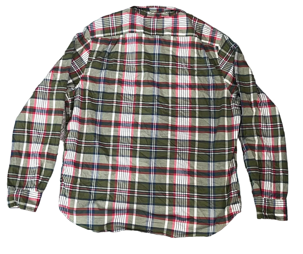 A long-sleeve plaid button-up shirt . The shirt features a green, white, red, and blue plaid pattern.
