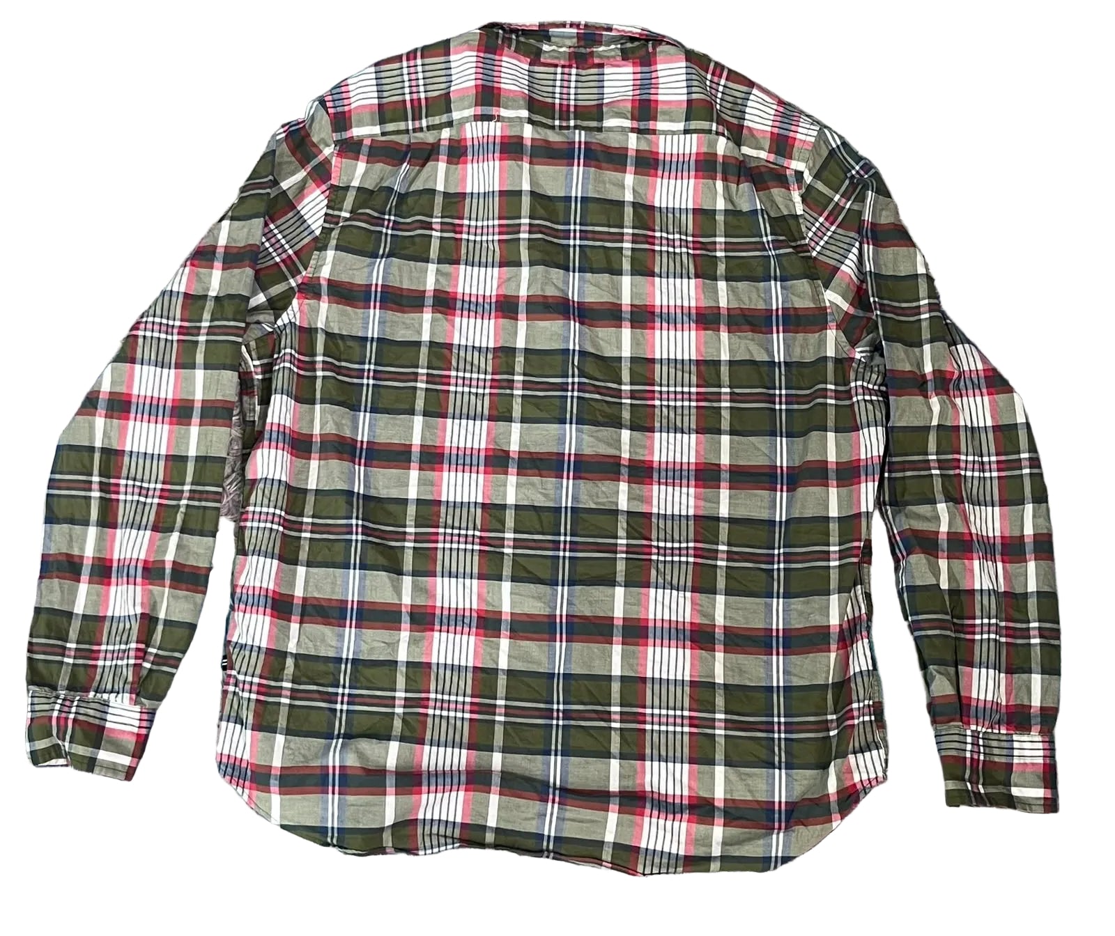 A long-sleeve plaid button-up shirt . The shirt features a green, white, red, and blue plaid pattern.