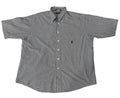 A gray short-sleeve button-down shirt  The shirt features a classic collar, white buttons, and a small embroidered logo on the left chest pocket.
