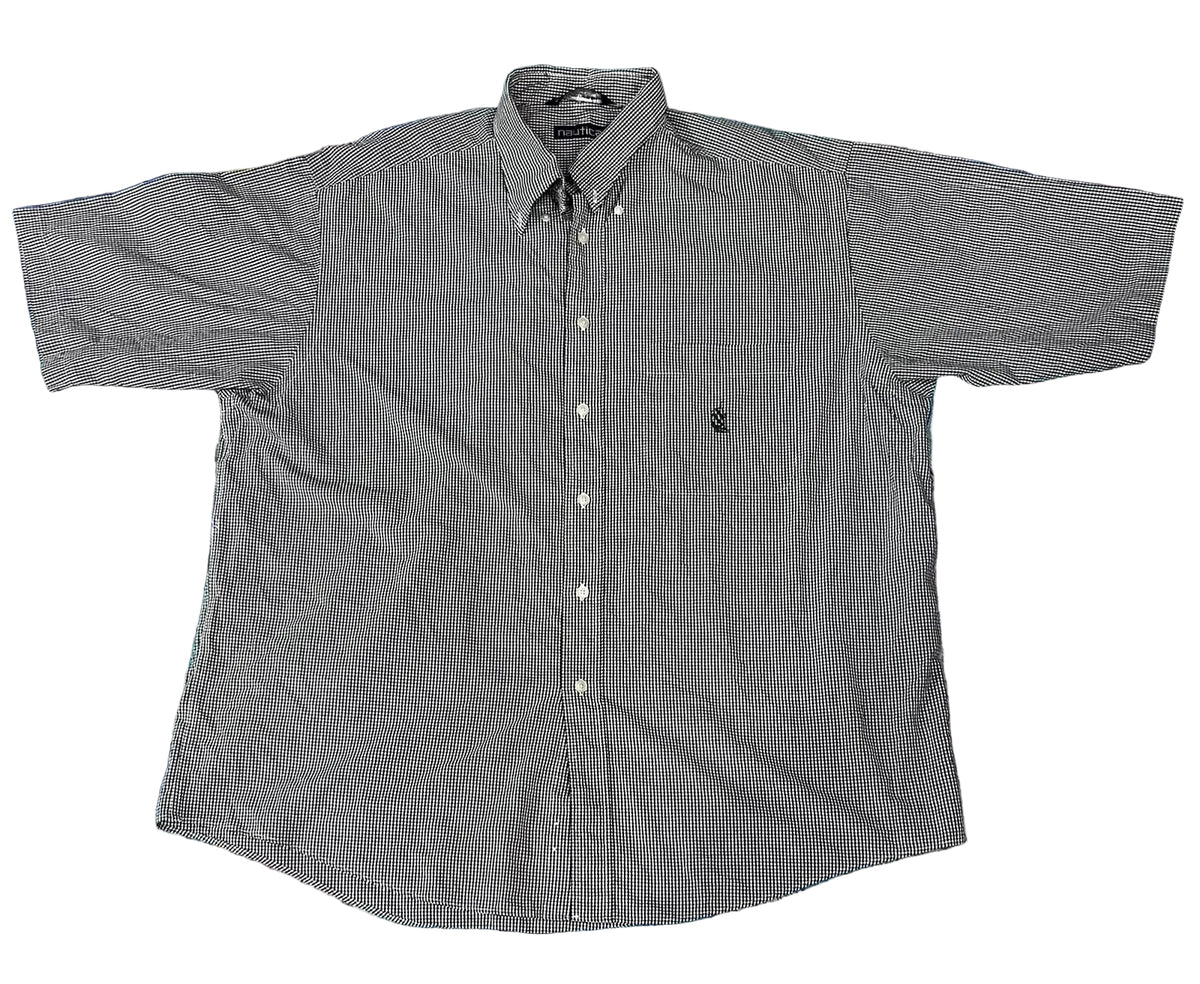 A gray short-sleeve button-down shirt  The shirt features a classic collar, white buttons, and a small embroidered logo on the left chest pocket.