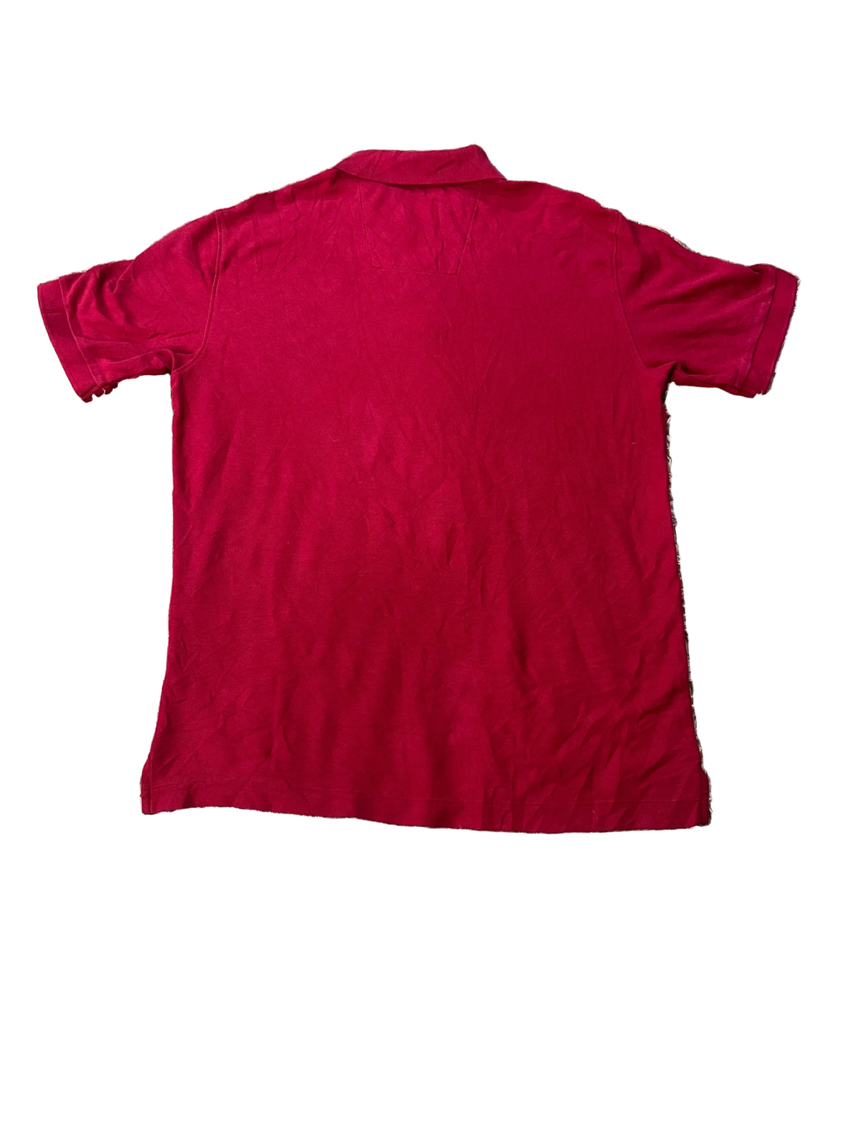 A red short-sleeve polo shirt , viewed from the back.