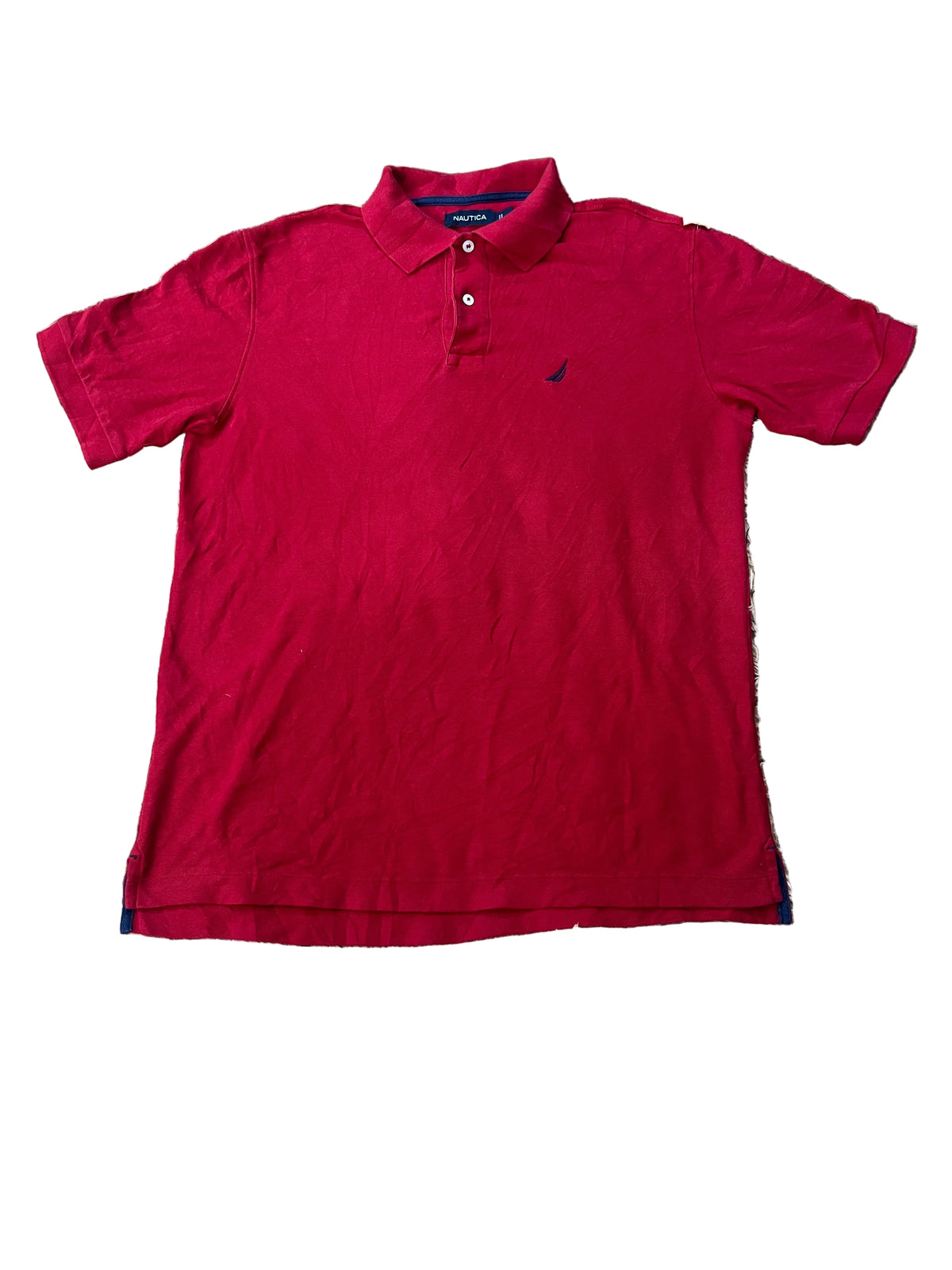 A red short-sleeve polo shirt with a small navy embroidered logo on the left chest, 