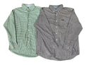 Two long-sleeve button-down shirts The shirt on the left is light green with a fine white check pattern.