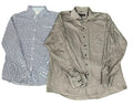 Two long-sleeve button-up shirts . The shirt on the right is light gray with a subtle textured weave, and the shirt on the left is white with a small blue floral or ditsy print.