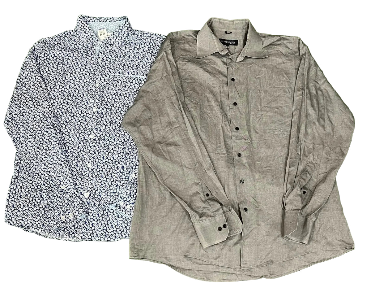 Two long-sleeve button-up shirts . The shirt on the right is light gray with a subtle textured weave, and the shirt on the left is white with a small blue floral or ditsy print.