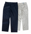 Two pairs of men's dress pants .The left pair is dark navy blue, and the right pair is light beige.