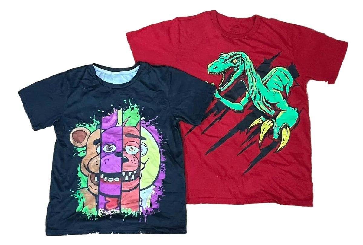 Two children's graphic t-shirts The left shirt is black with a colorful bear-face graphic, and the right shirt is red with a green dinosaur graphic.