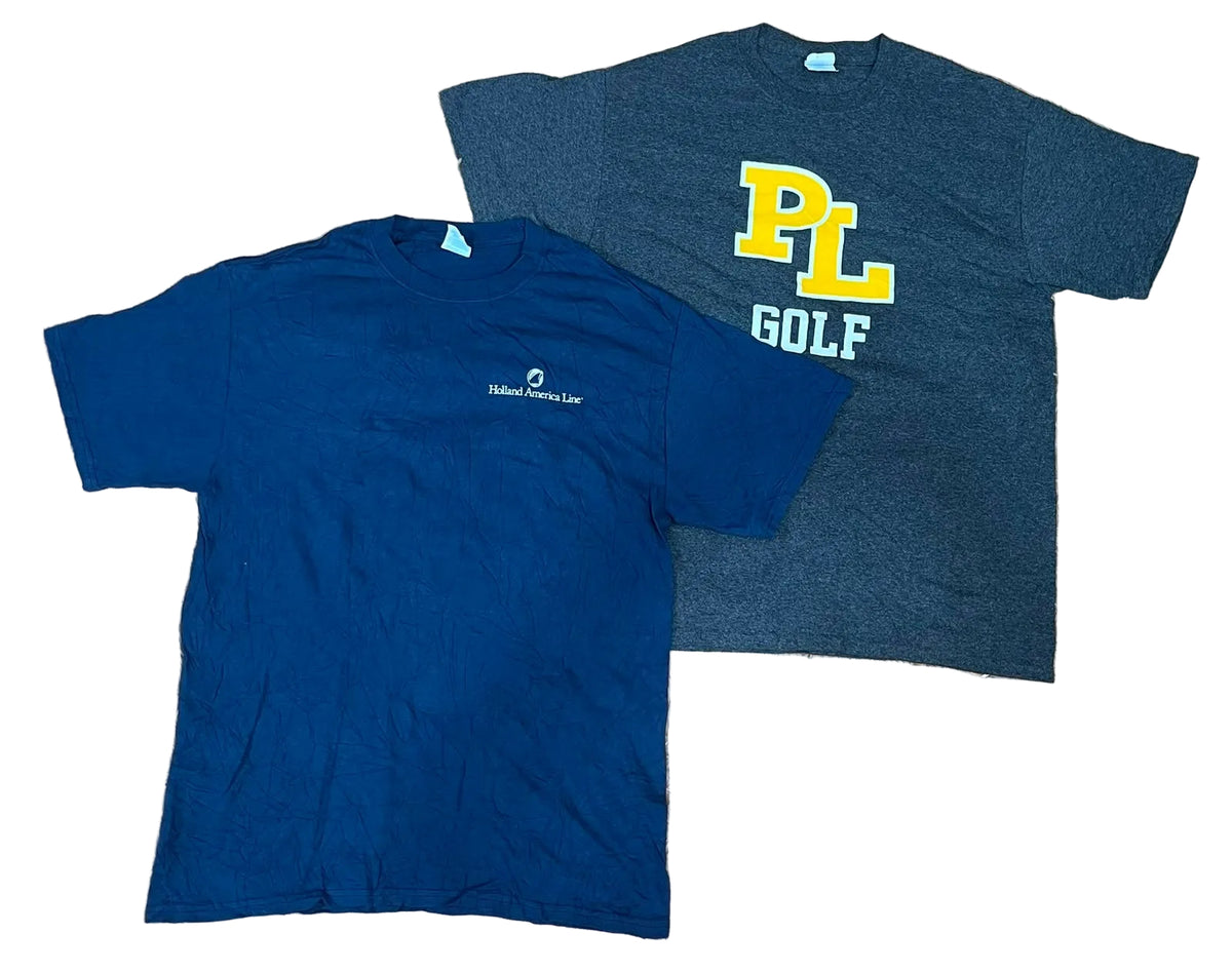Two vintage short-sleeve t-shirts  The shirt in the foreground is navy blue with a small white 'Mikell Corporation' logo on the left chest.