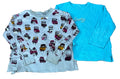 Two long-sleeve children's tops one light gray sweatshirt with an allover cartoon character print, and one bright turquoise long-sleeve top with 'Cactus' printed across the chest.