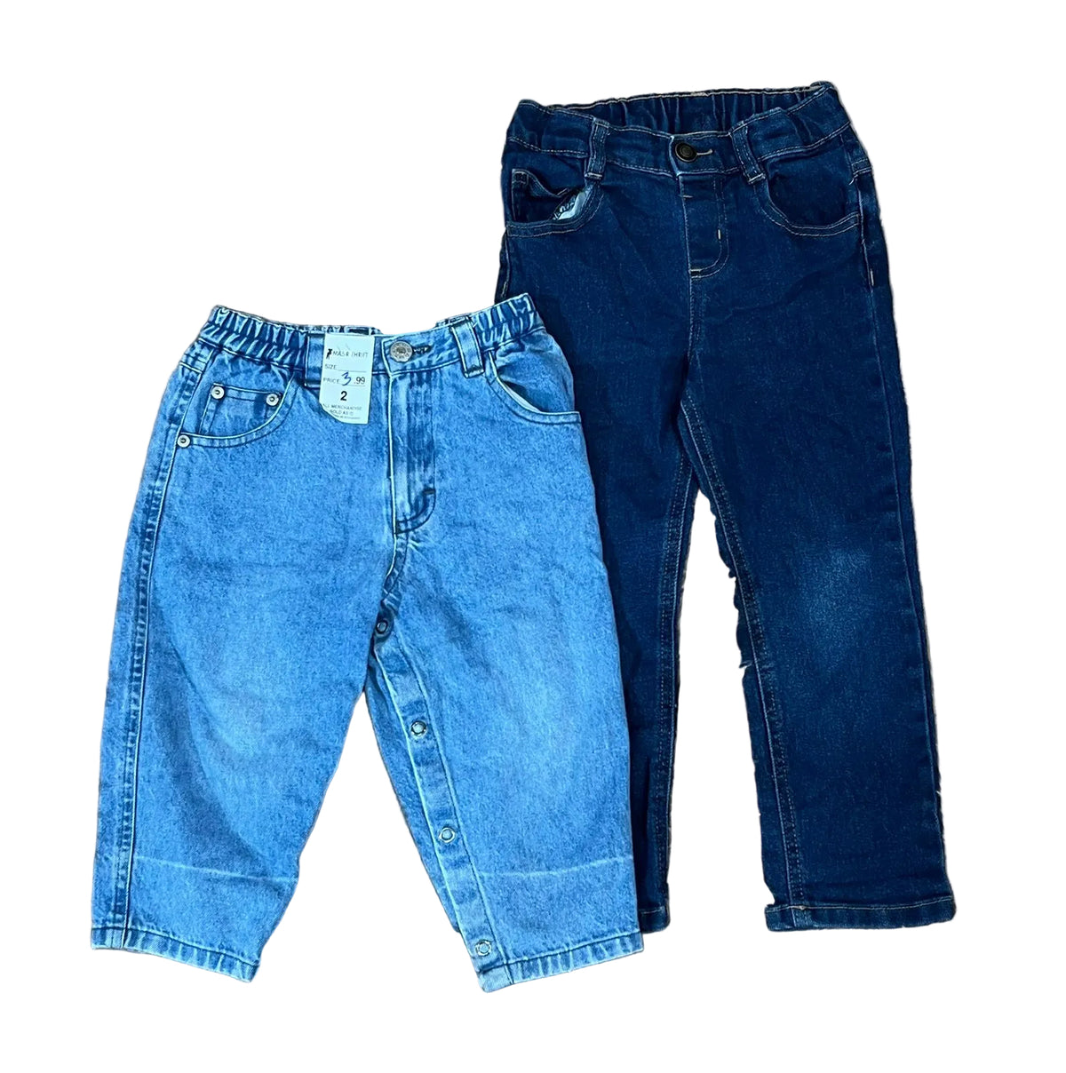 Two pairs of children's jeans one light blue denim pair with an elastic waistband and one dark blue denim pair with a button fly.