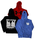 Three hoodies a black hoodie with a large white city graphic and text, a red Under Armour hoodie, and a blue hoodie with white 'Santa Cruz' text on the chest.