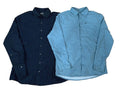Two long-sleeve button-up shirts one dark navy shirt with subtle vertical pinstripes and one light blue shirt with a small chest logo, both shown from the front.