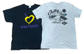 Two short-sleeve graphic T-shirts  The left shirt is black with a yellow heart outline and purple text reading 'I [heart] WHS CHEER.