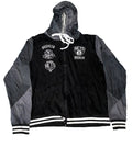 A black and gray zip-up hooded jacket with white drawstrings and white Brooklyn Nets graphics,