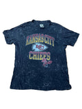 A Kansas City Chiefs graphic t-shirt with a dark acid-wash finish, . The shirt features the team logo and 'Kansas City Chiefs' text in yellow, red, and white.