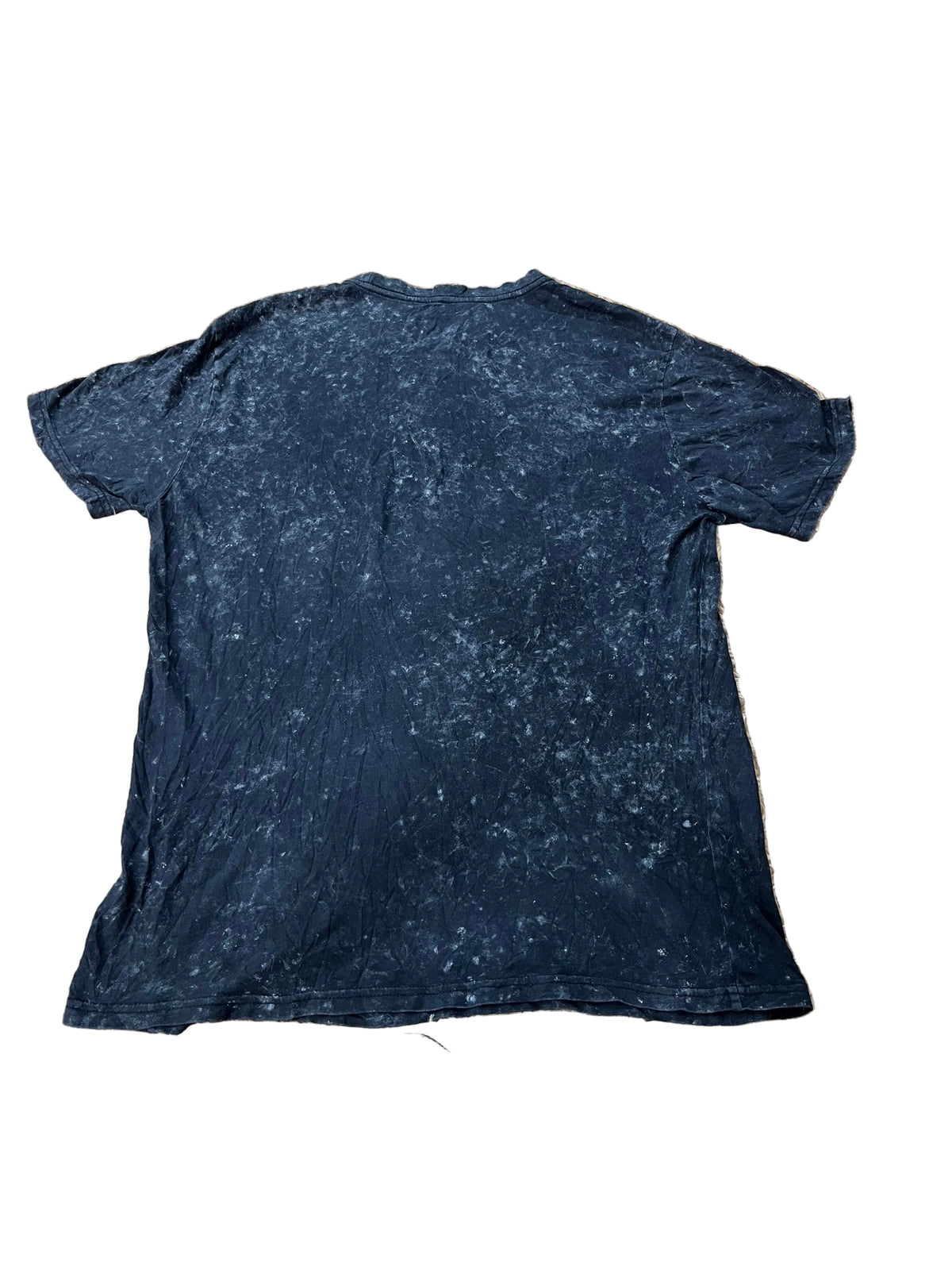 A black short-sleeve t-shirt with a white mineral-wash or acid-wash mottled pattern, 