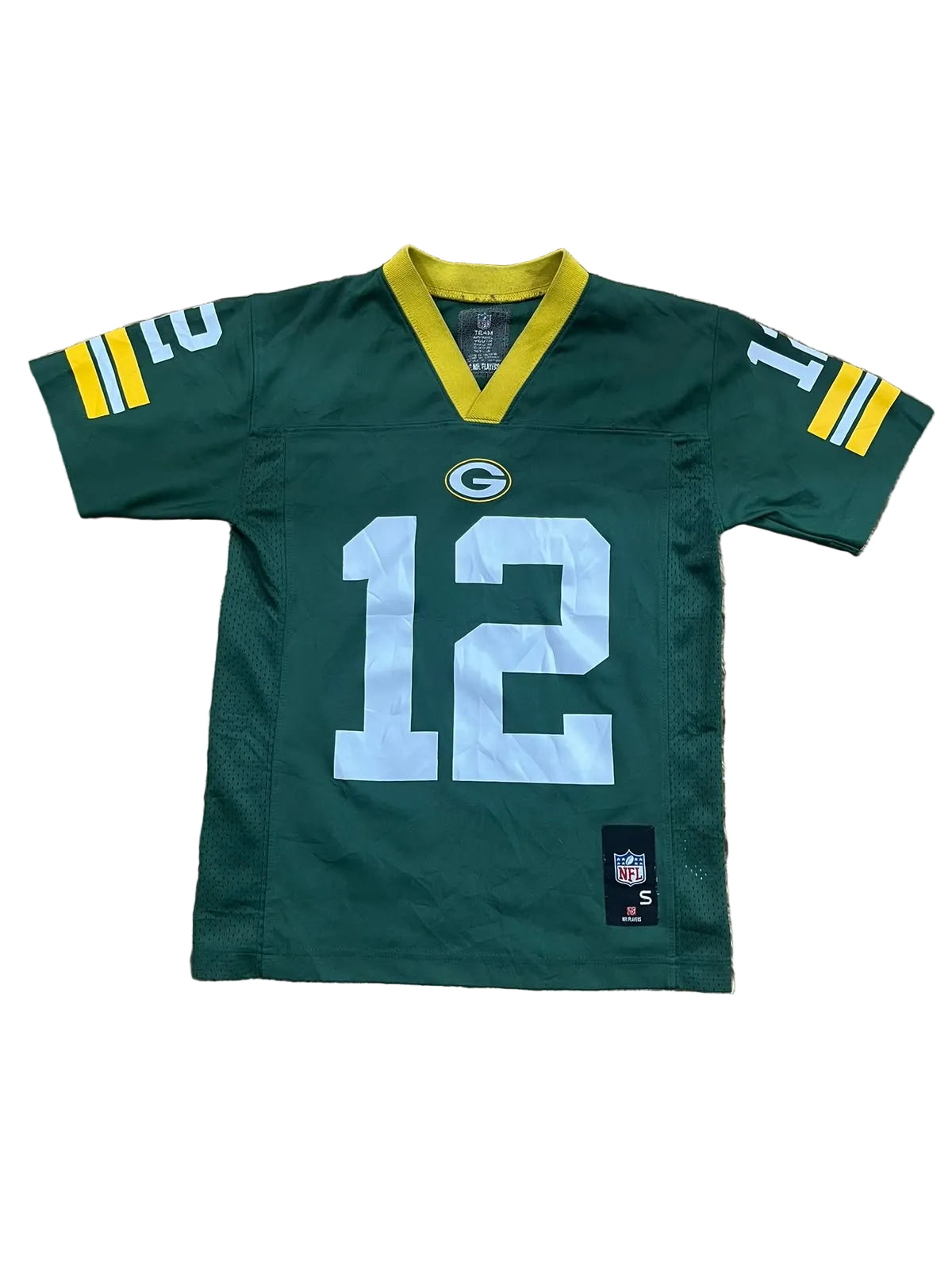 A green and yellow Green Bay Packers football jersey with the number 12 on the front, 