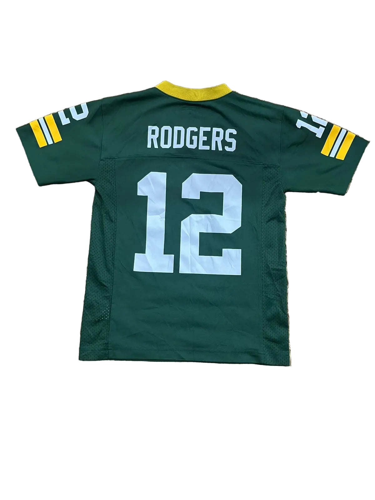 A green football jersey  showing the back with 'RODGERS' and the number '12' in white, plus yellow and white sleeve stripes.