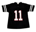 A black football-style jersey with white numbers outlined in red on the front and white stripes on the sleeves.