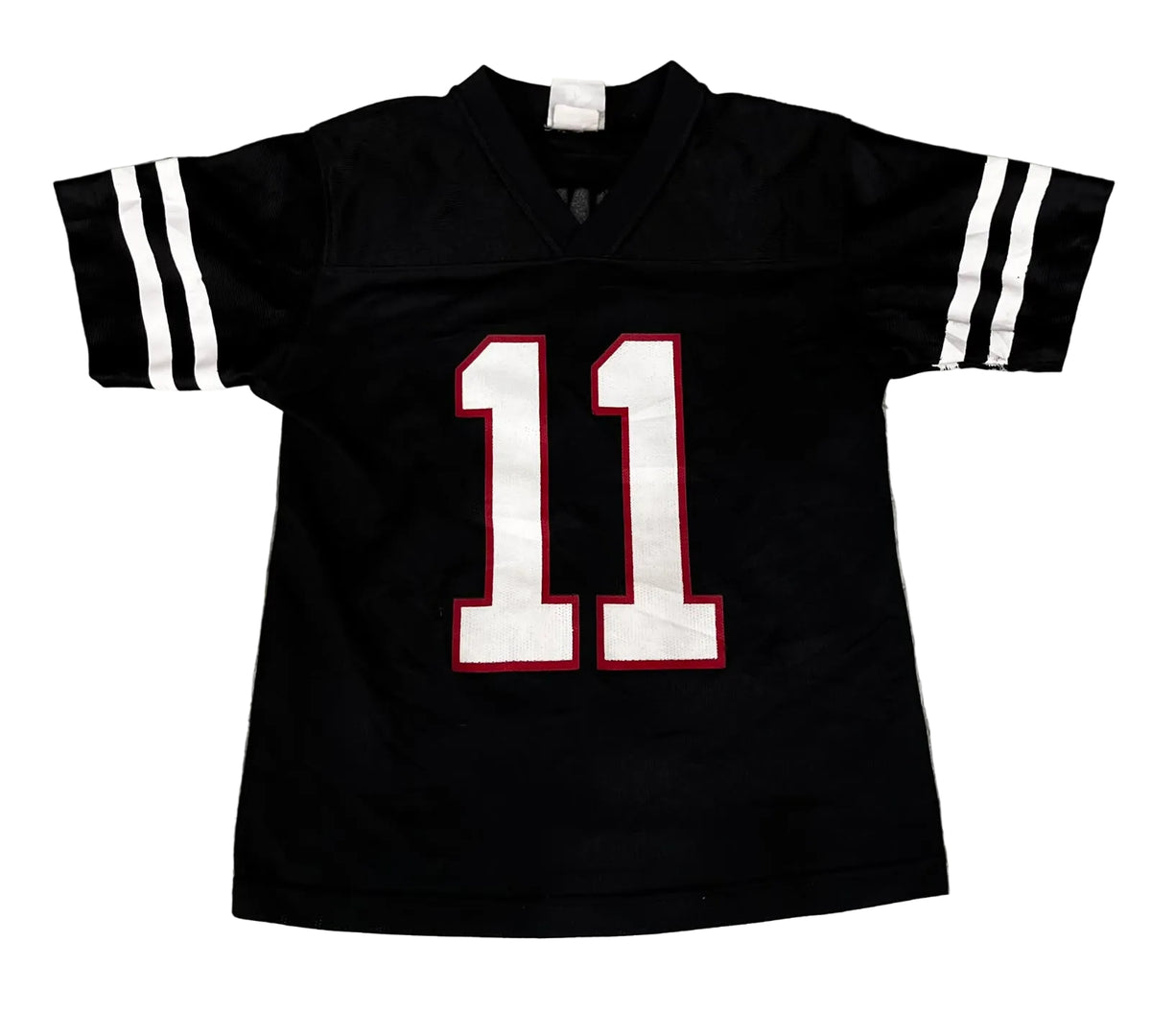 A black football-style jersey with white numbers outlined in red on the front and white stripes on the sleeves.