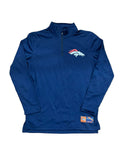 A navy blue long-sleeve quarter-zip pullover sweatshirt featuring the Denver Broncos logo on the left chest, .
