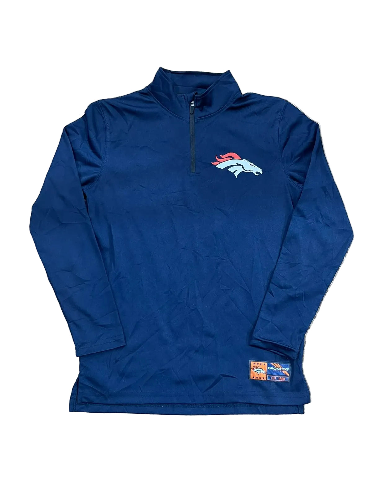 A navy blue long-sleeve quarter-zip pullover sweatshirt featuring the Denver Broncos logo on the left chest, .