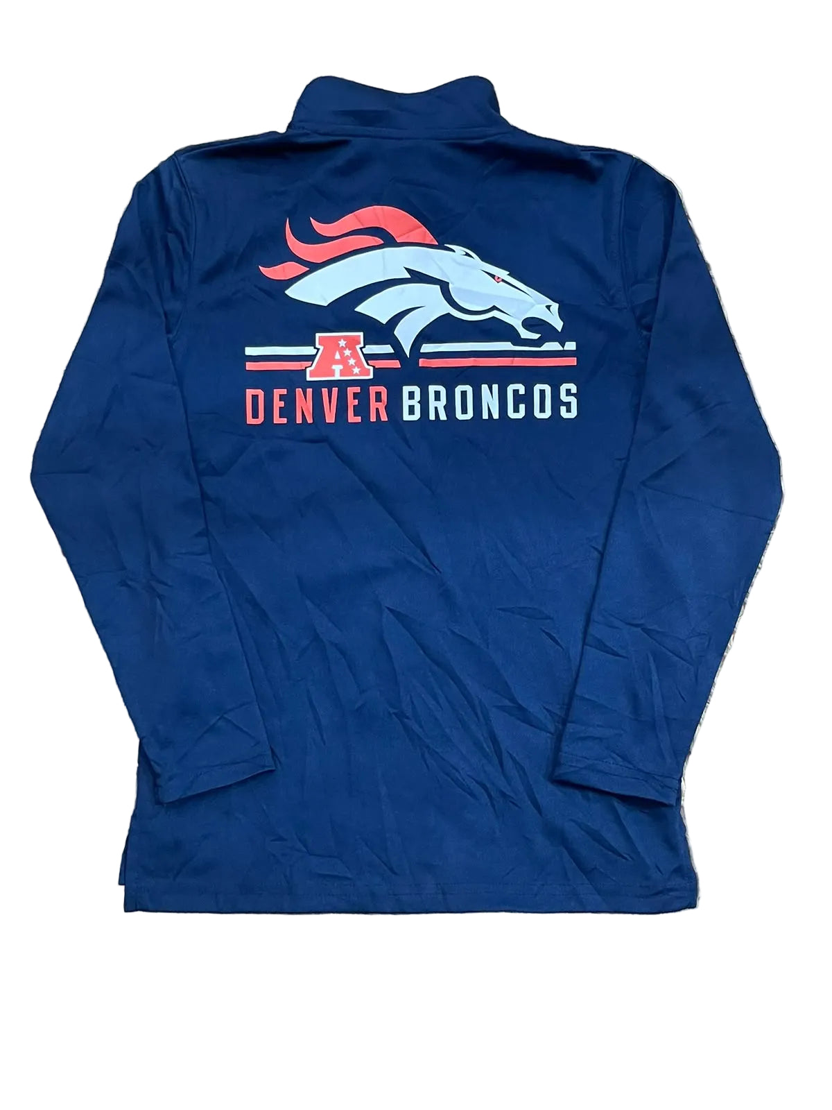 A navy blue long-sleeve quarter-zip pullover jacket featuring the Denver Broncos logo and text on the back, 