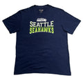 A navy blue Seattle Seahawks t-shirt  featuring the team logo and 'SEATTLE SEAHAWKS' text in white and neon green.