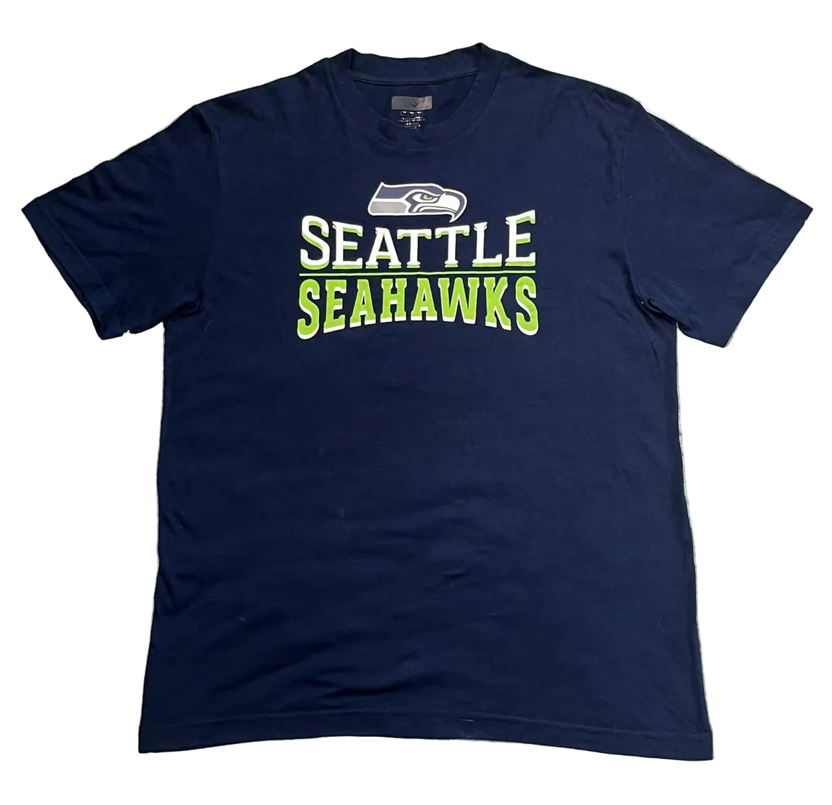 A navy blue Seattle Seahawks t-shirt  featuring the team logo and 'SEATTLE SEAHAWKS' text in white and neon green.