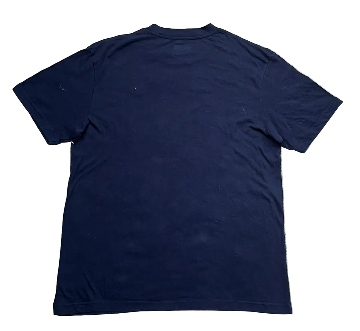 A dark navy blue short-sleeve t-shirt on a white plain background 