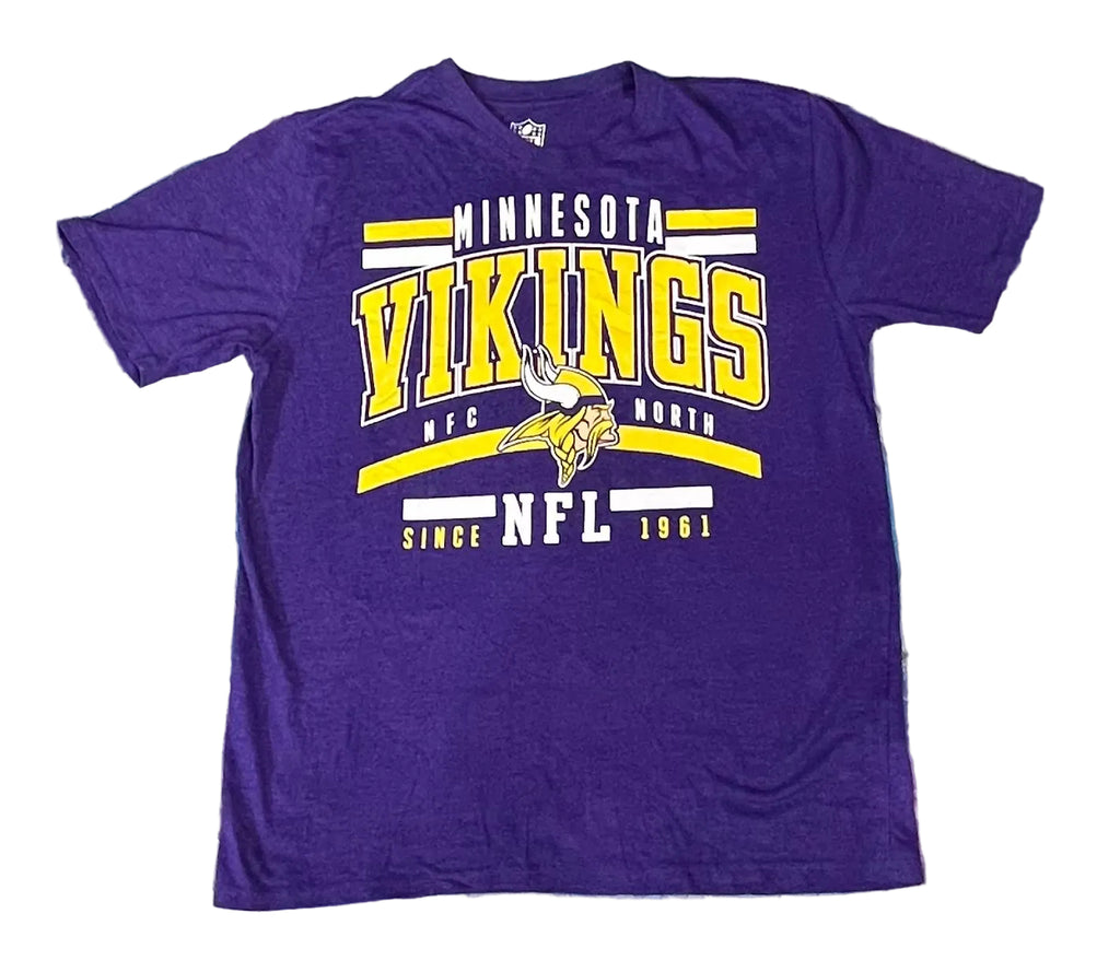 A purple Minnesota Vikings NFL graphic t-shirt on a white plain background 