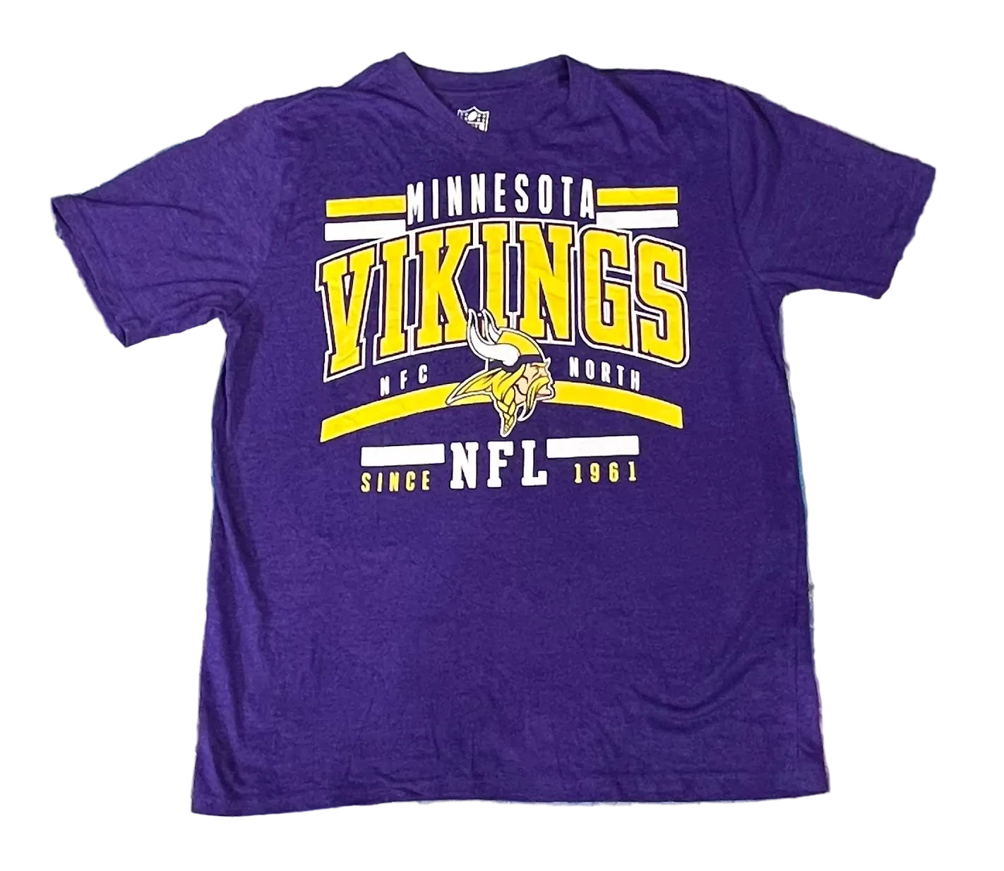 A purple Minnesota Vikings NFL graphic t-shirt on a white plain background 