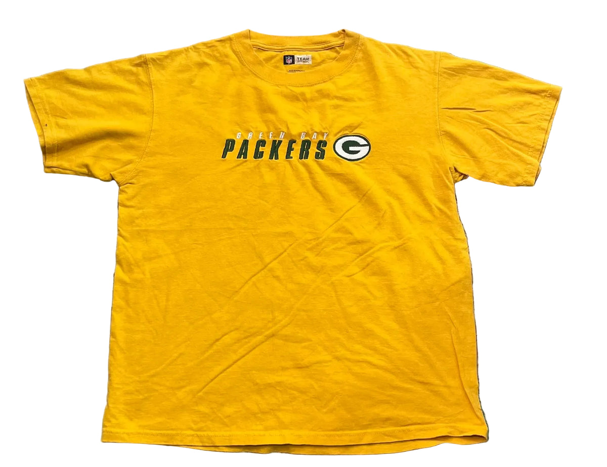 A yellow short-sleeve t-shirt with 'GREEN BAY PACKERS' and the team logo printed across the chest,