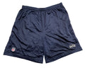 Navy blue mesh Seattle Seahawks athletic shorts with an NFL shield logo on the left leg and a Seahawks logo on the right leg,