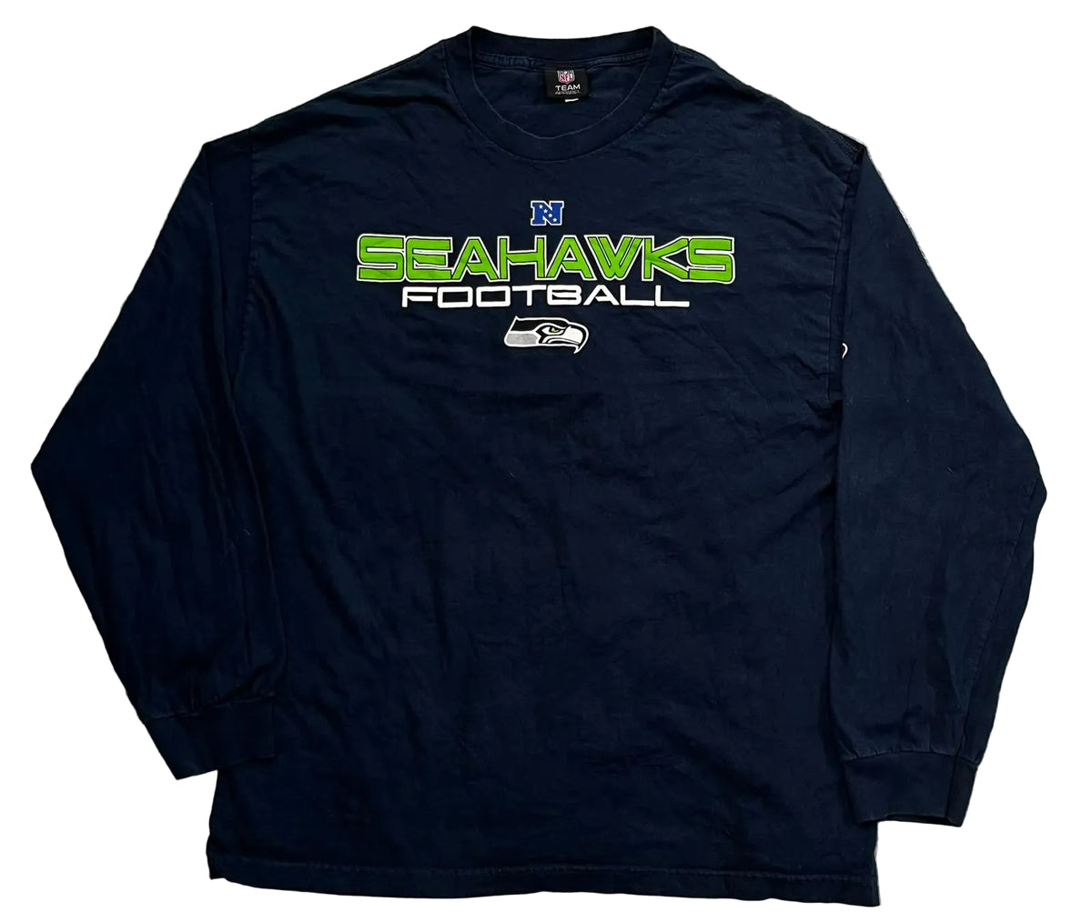 A navy blue long-sleeve t-shirt with 'SEAHAWKS FOOTBALL' printed in green and white on the chest,