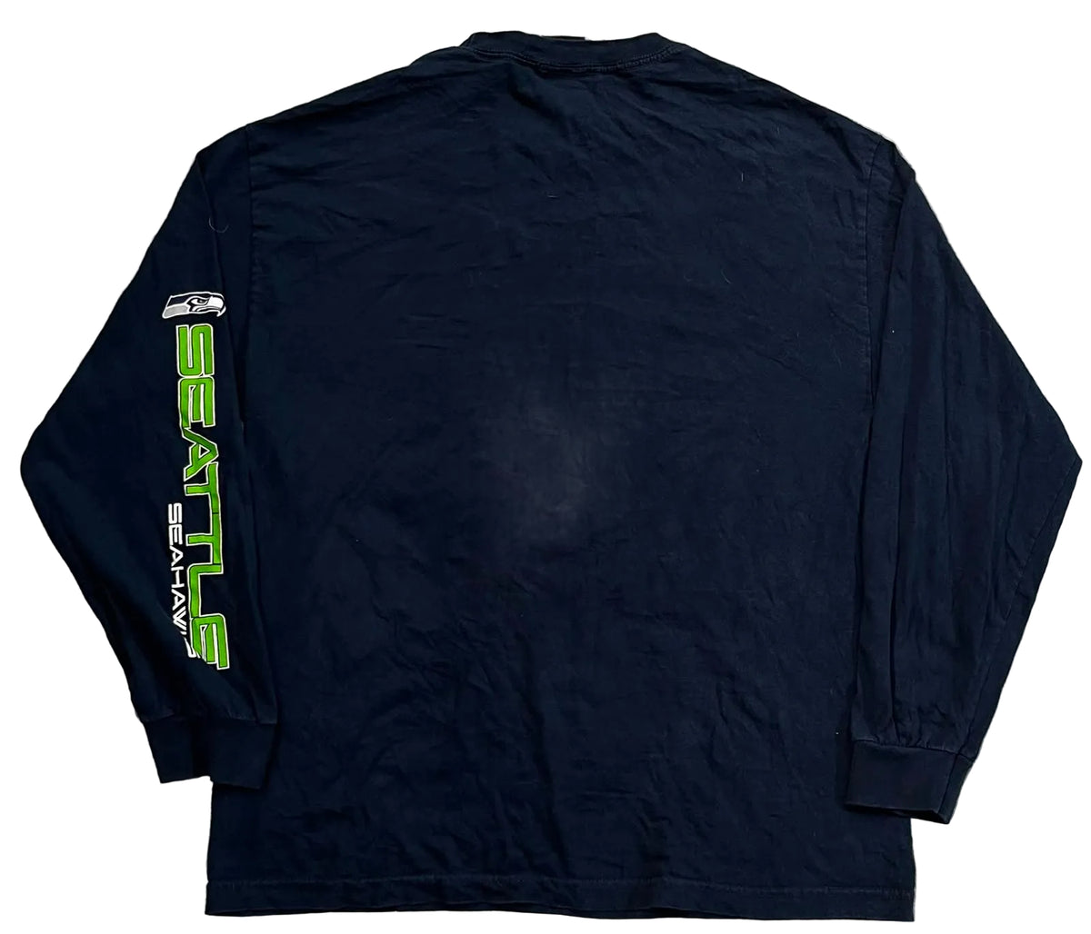 A long-sleeve black shirt featuring a vertical green and white Seattle Seahawks logo printed on the left sleeve.