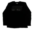 A black long-sleeve Baltimore Ravens football shirt, featuring a gray outlined 'RAVENS' graphic and team logo on the chest.