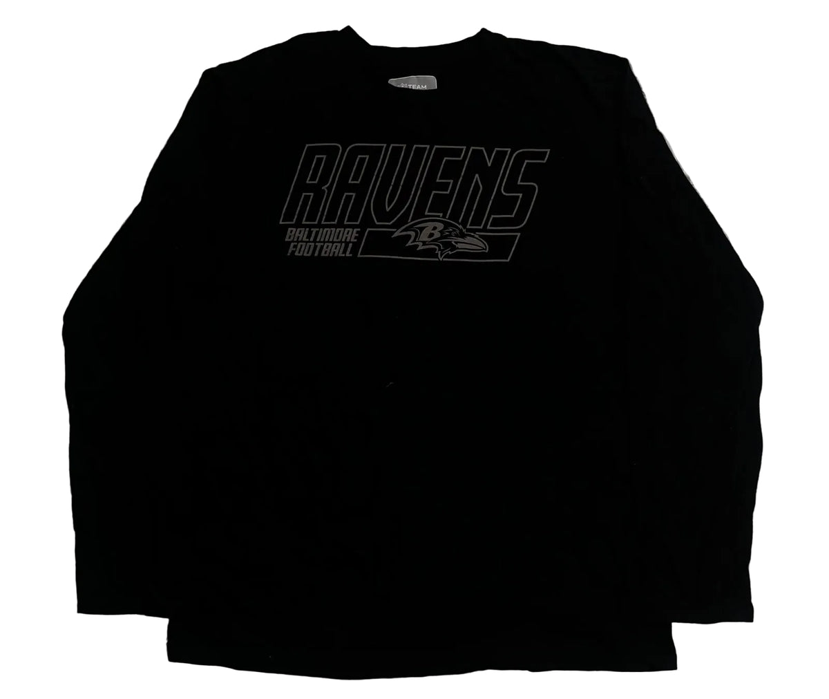 A black long-sleeve Baltimore Ravens football shirt, featuring a gray outlined 'RAVENS' graphic and team logo on the chest.