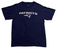 A navy blue short-sleeve t-shirt with 'PATRIOTS' printed in white across the chest and the New England Patriots logo underneath, 