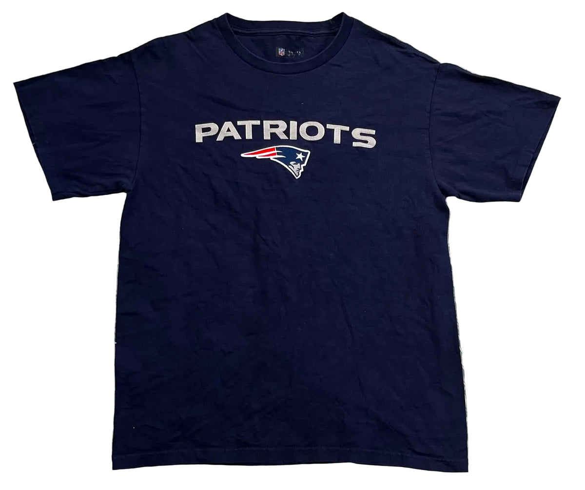 A navy blue short-sleeve t-shirt with 'PATRIOTS' printed in white across the chest and the New England Patriots logo underneath, 