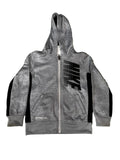 A gray heather zip-up hoodie with black side panels and a large black graphic on the front.