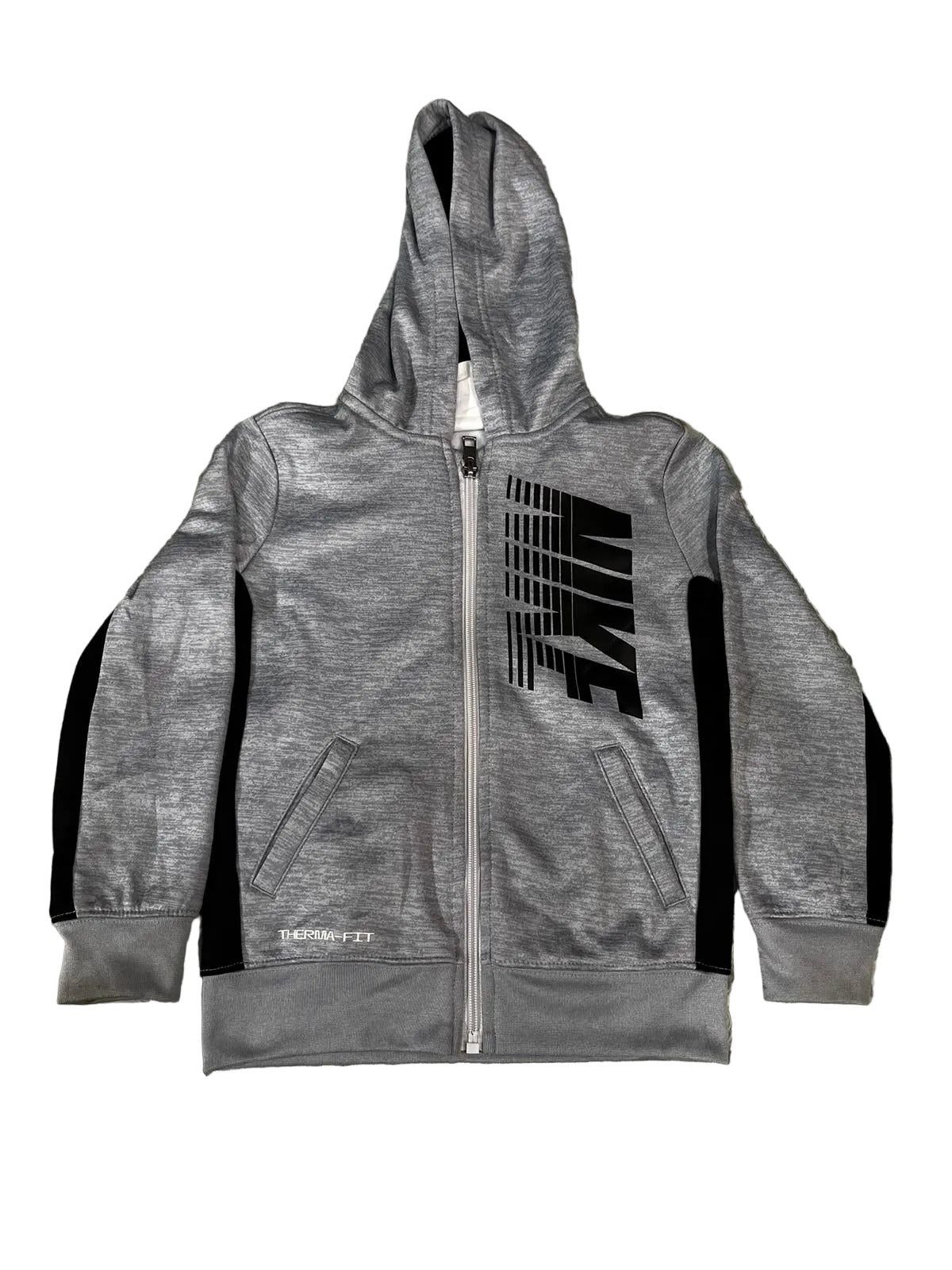 A gray heather zip-up hoodie with black side panels and a large black graphic on the front.